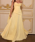 Pale Yellow Draped Strapless Chiffon Maxi Evening Gown with Hanging Sash