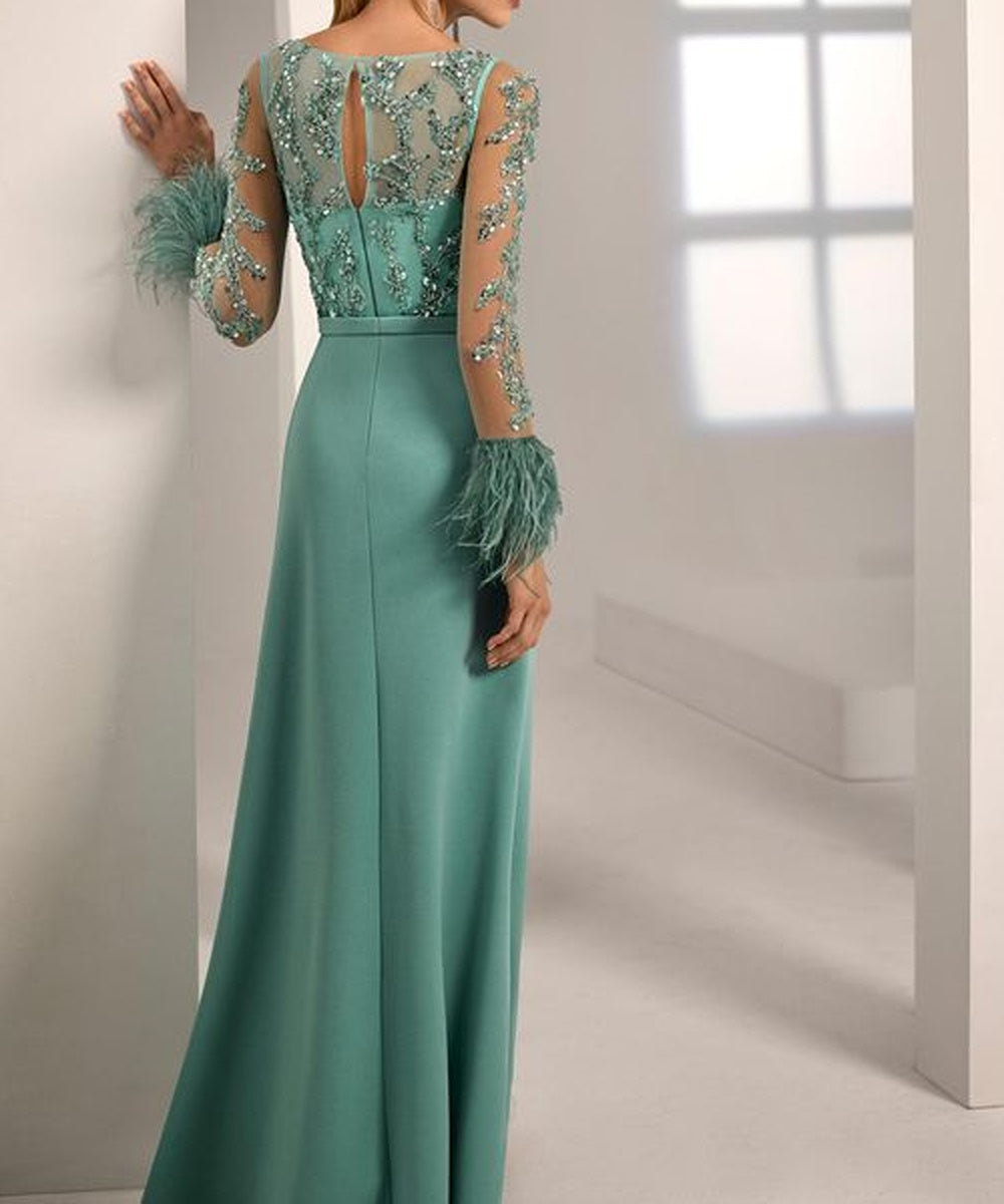 Illusion Long Sleeve Beaded Sequin Evening Gown with Feather Cuffs & Draped Skirt