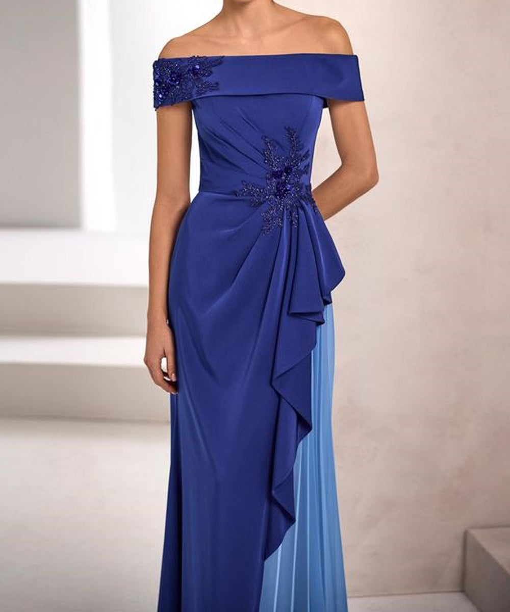 Off The Shoulder Beaded Appliqué Formal Maxi Dress With Contrast Pleated Chiffon Panel