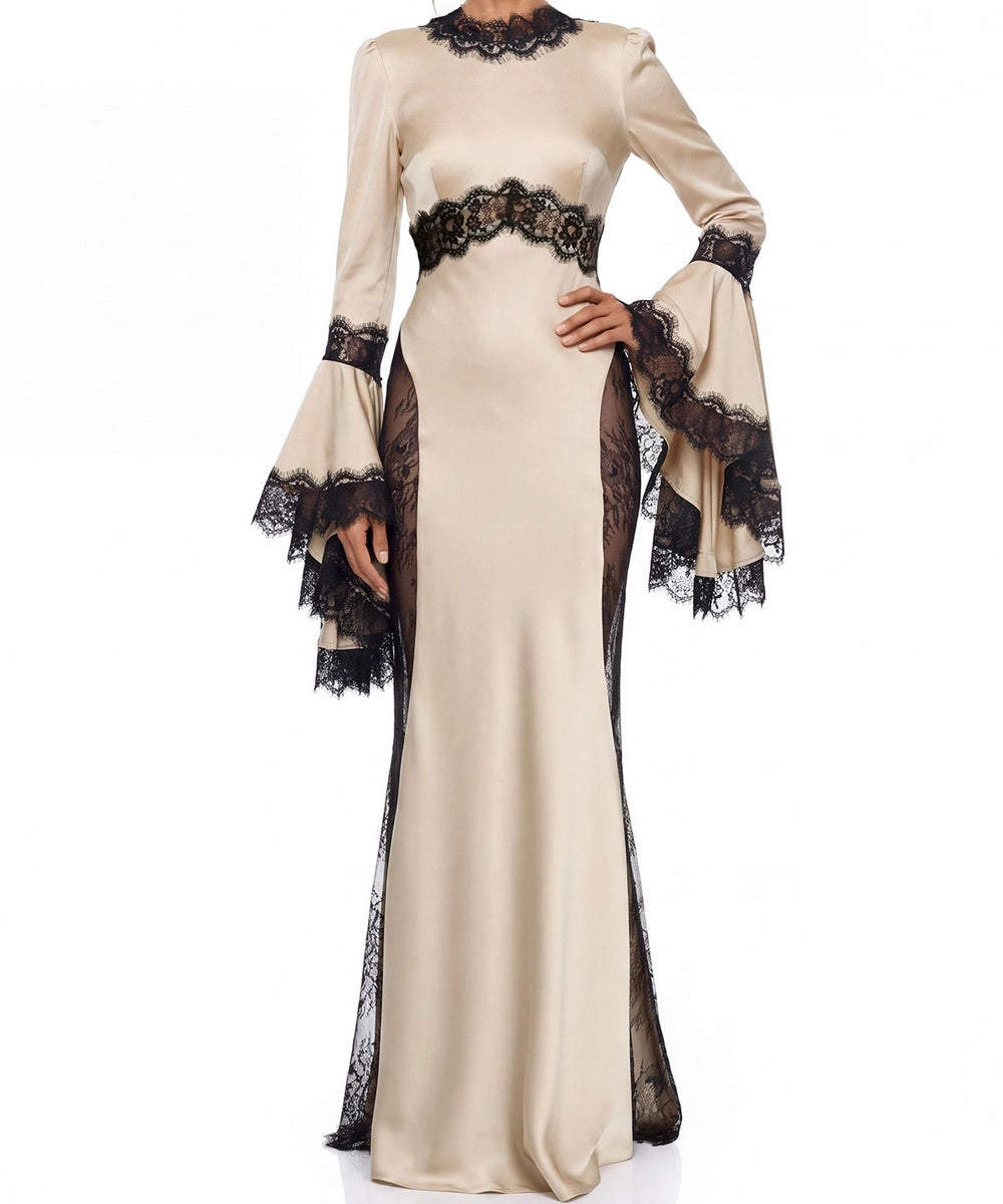 Champagne Satin Long Flare Sleeve Maxi Evening Gown with Black Lace Trim