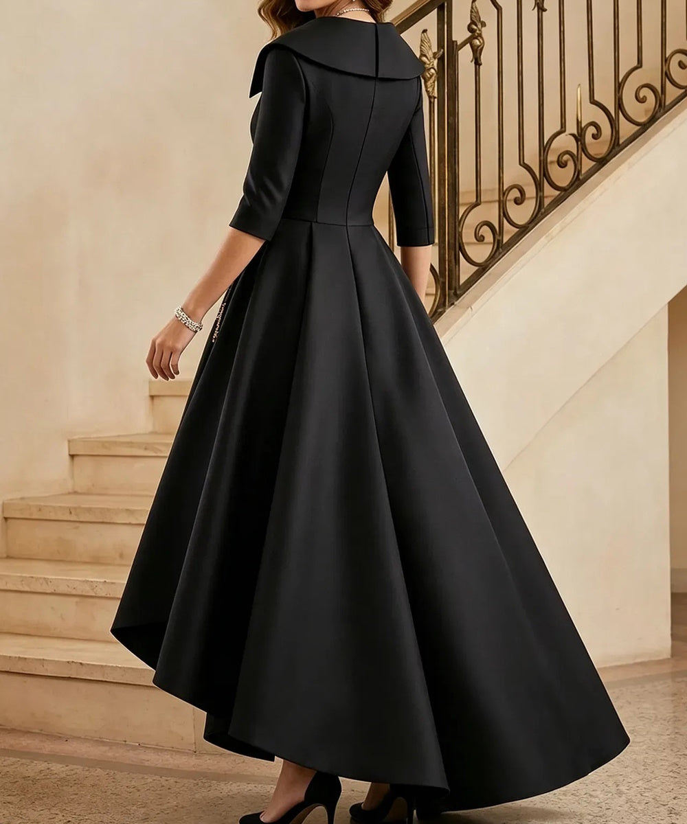 Black Satin Lapel V-Neck 3/4 Sleeve High Low Formal Gown with Gold Lace Appliques