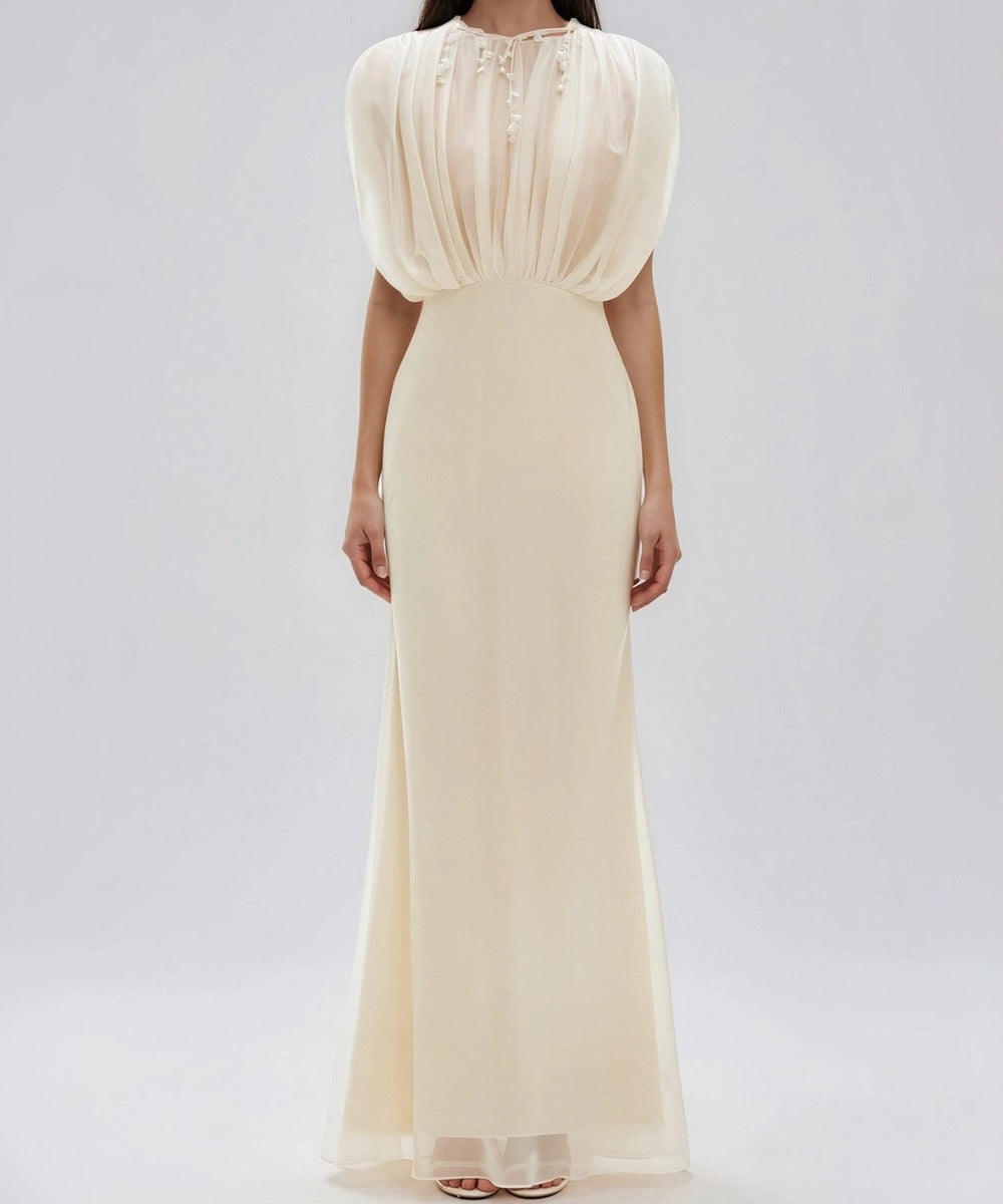 Cream Sheer Cape Sleeve Pleated Mermaid Maxi Formal Evening Dress