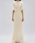 Cream Sheer Cape Sleeve Pleated Mermaid Maxi Formal Evening Dress