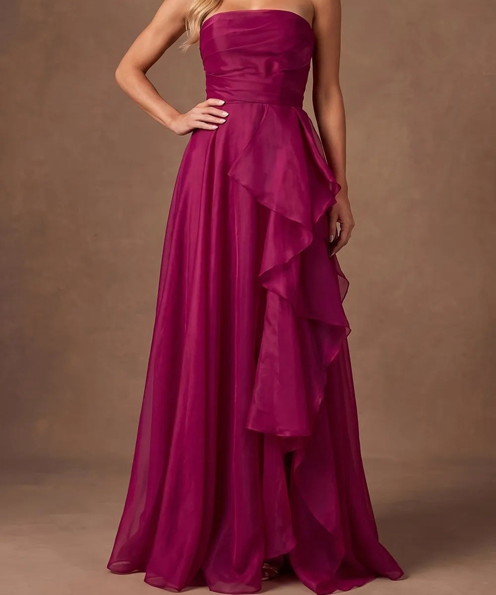 Strapless Ruched Chiffon Maxi Evening Gown with Cascading Ruffles & High Slit