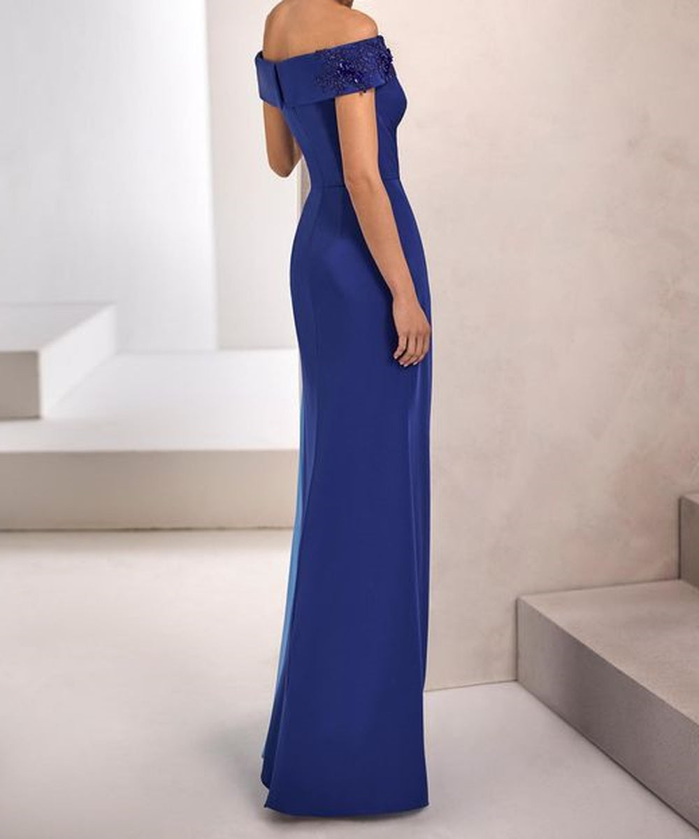 Off The Shoulder Beaded Appliqué Formal Maxi Dress With Contrast Pleated Chiffon Panel