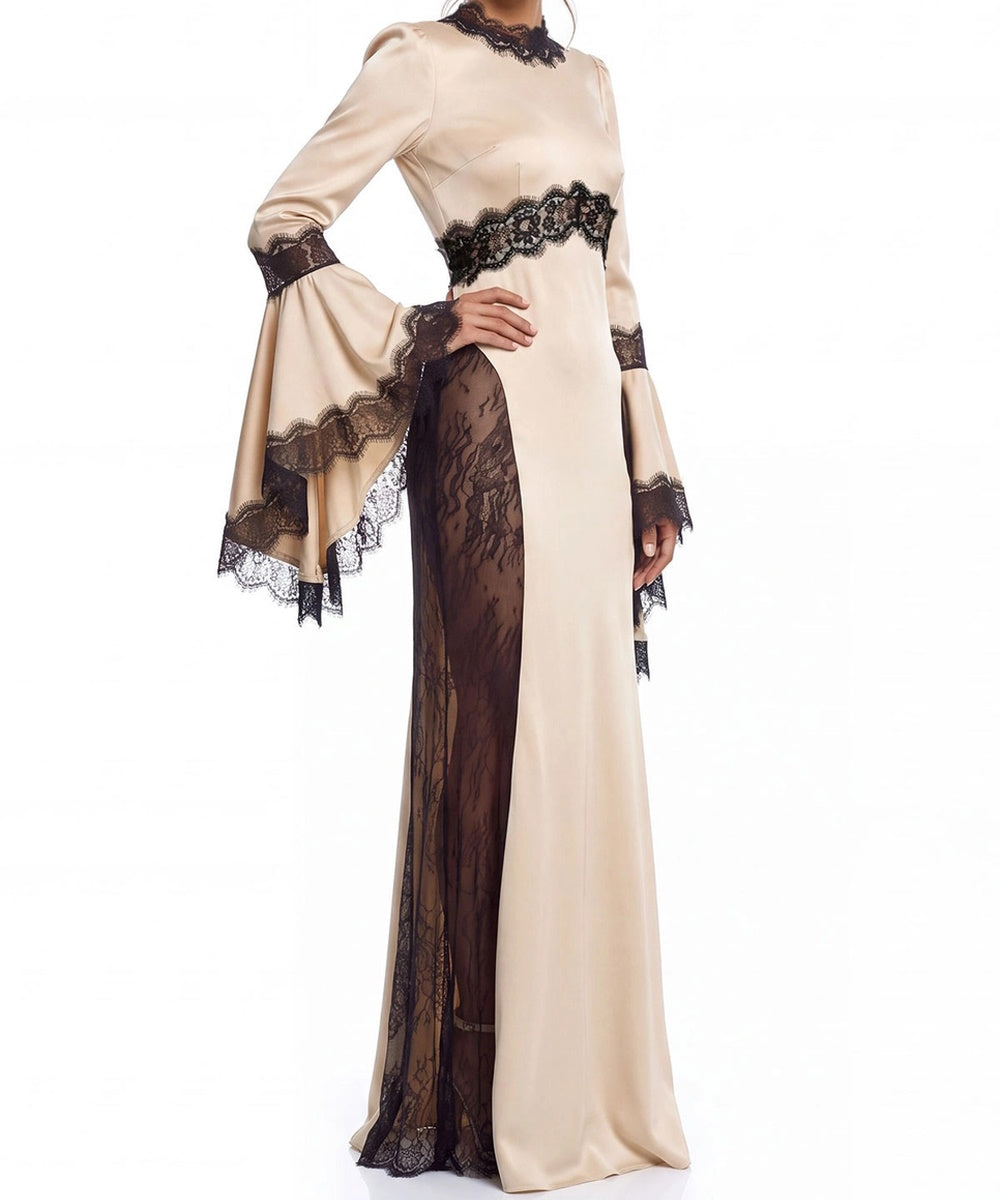 Champagne Satin Long Flare Sleeve Maxi Evening Gown with Black Lace Trim