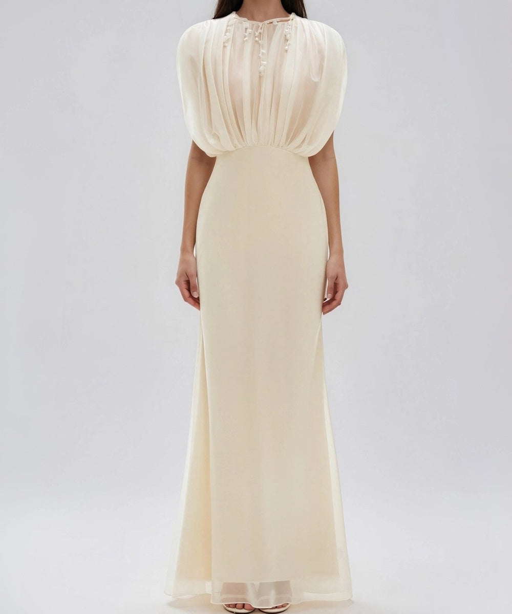 Cream Sheer Cape Sleeve Pleated Mermaid Maxi Formal Evening Dress