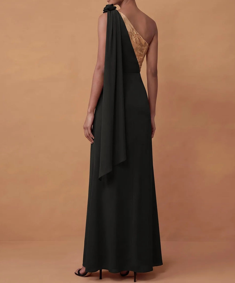 One Shoulder Gold Sequin Panel Stretch Crepe Maxi Formal Evening Dress