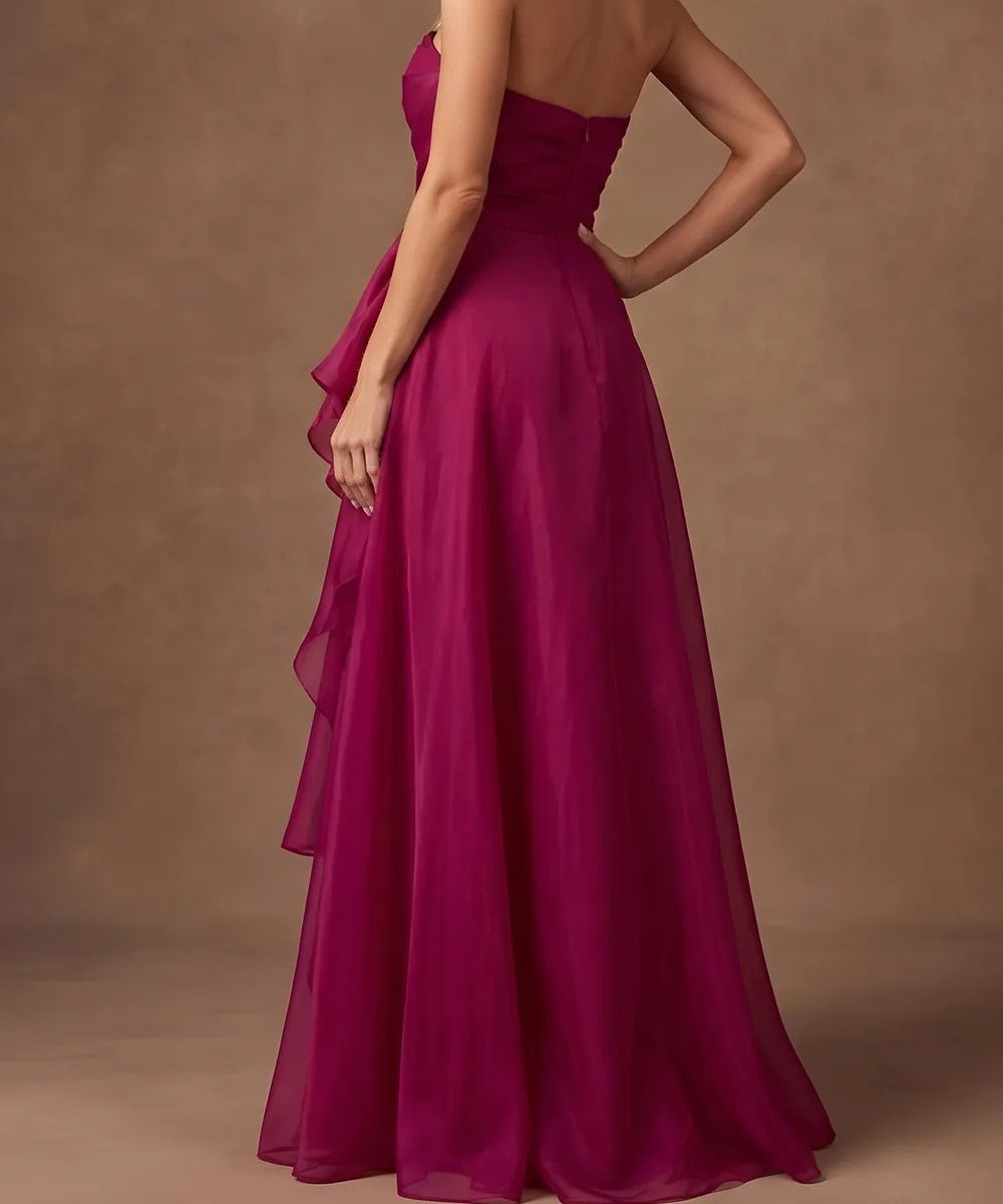 Strapless Ruched Chiffon Maxi Evening Gown with Cascading Ruffles & High Slit