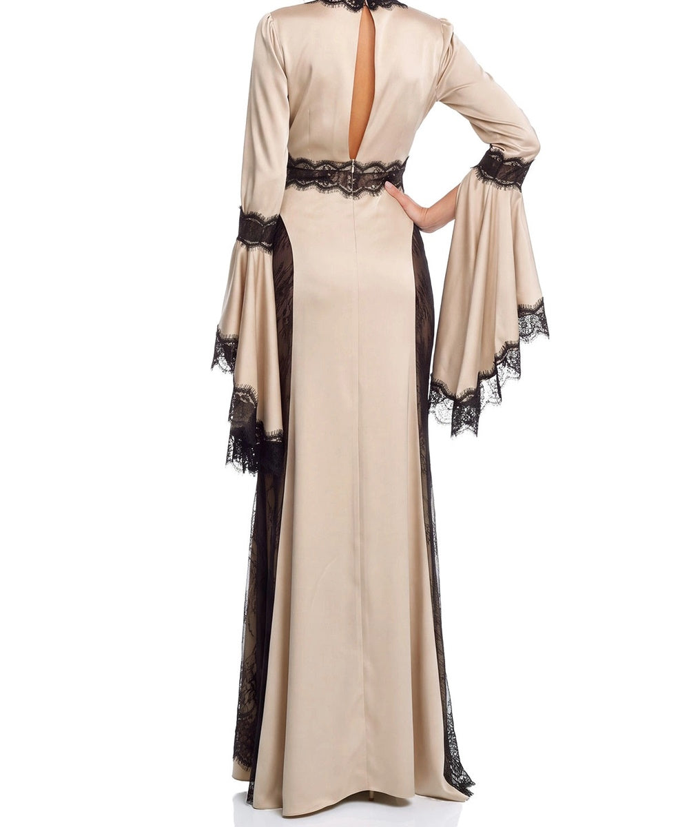 Champagne Satin Long Flare Sleeve Maxi Evening Gown with Black Lace Trim