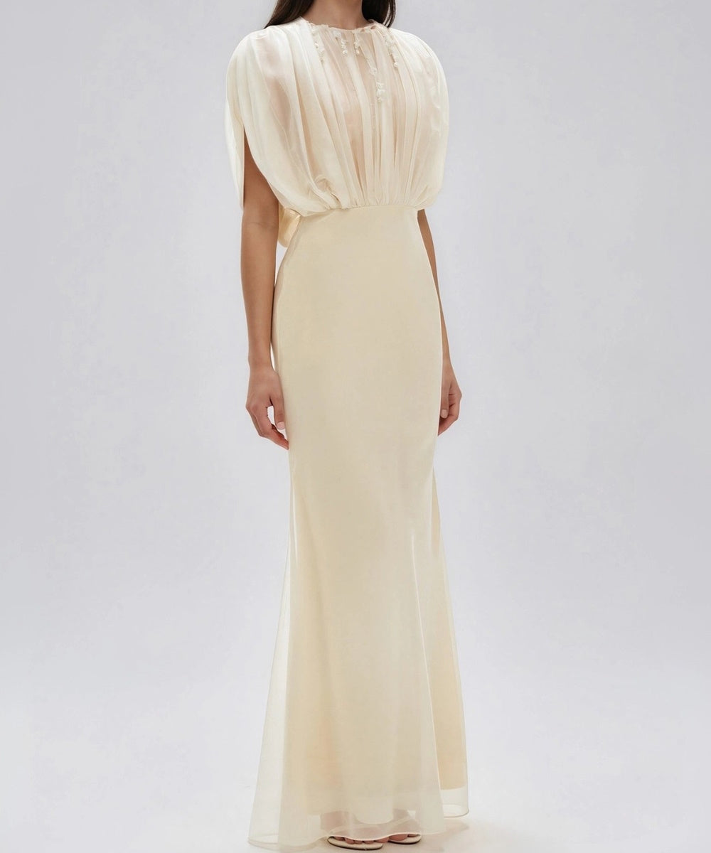 Cream Sheer Cape Sleeve Pleated Mermaid Maxi Formal Evening Dress