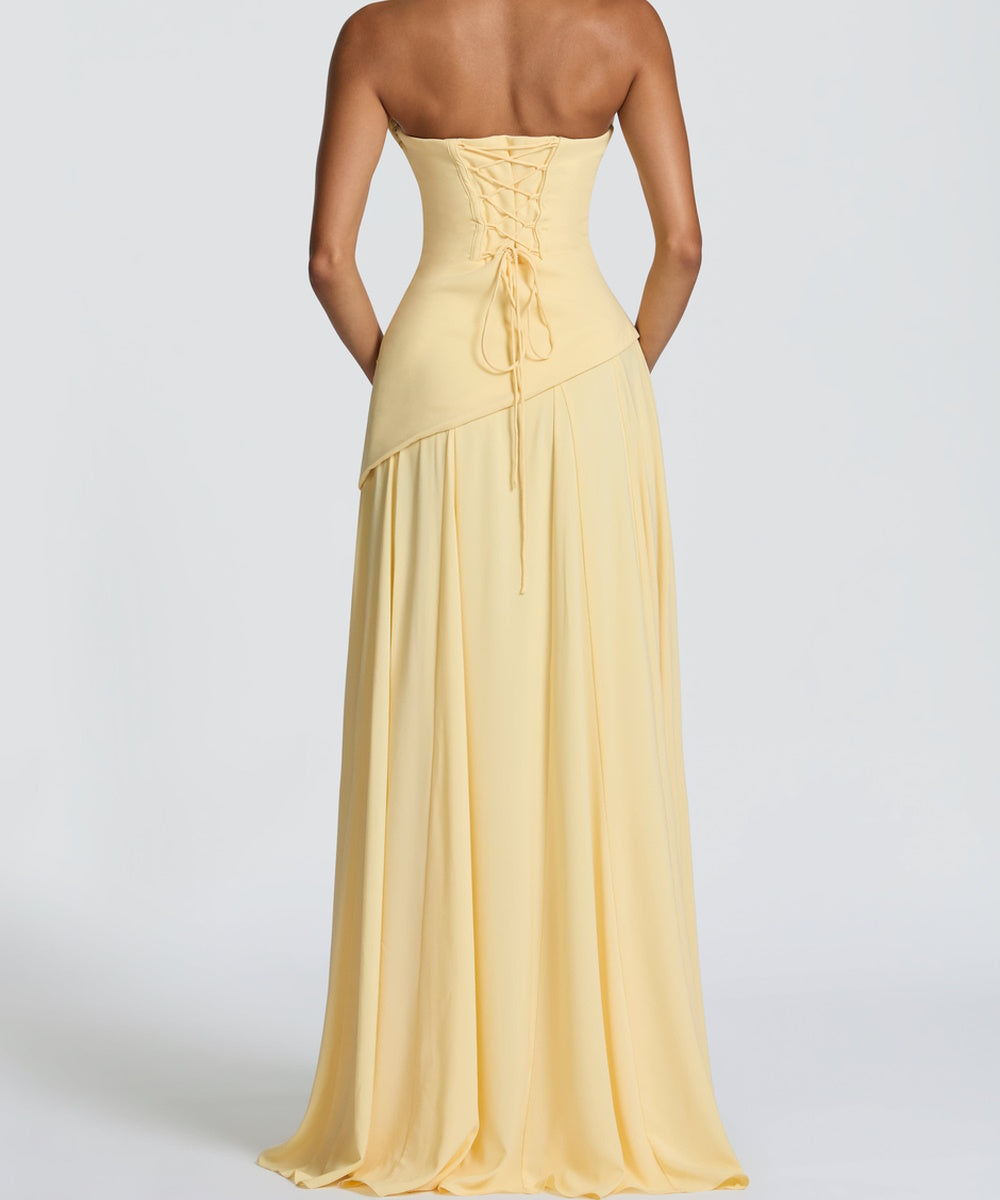 Pale Yellow Draped Strapless Chiffon Maxi Evening Gown with Hanging Sash