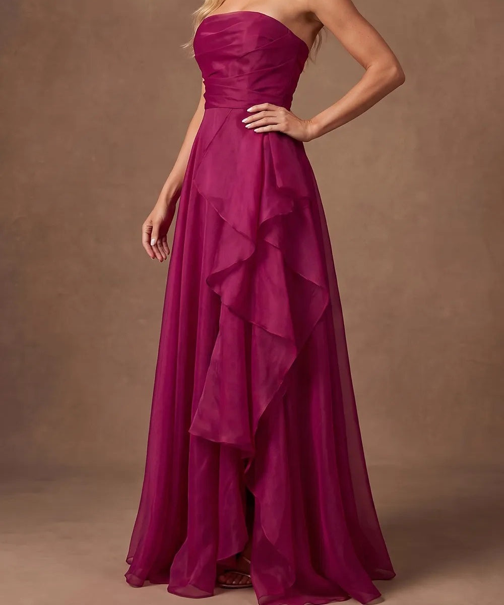 Strapless Ruched Chiffon Maxi Evening Gown with Cascading Ruffles & High Slit