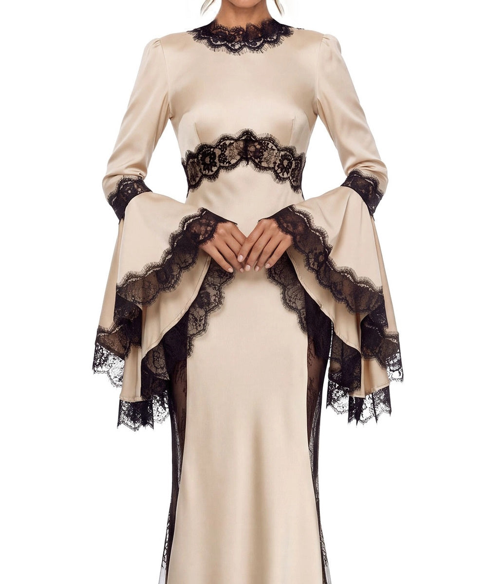 Champagne Satin Long Flare Sleeve Maxi Evening Gown with Black Lace Trim