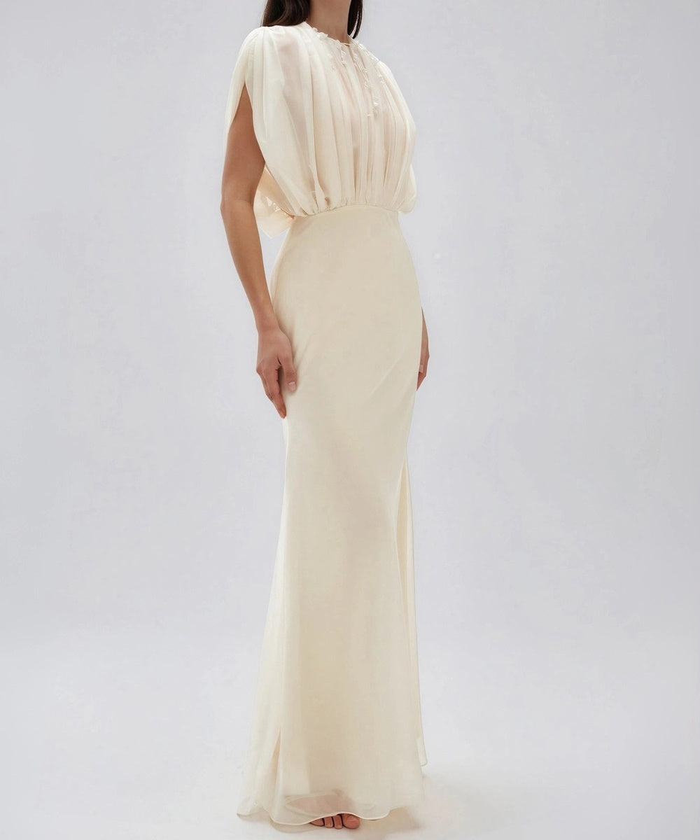 Cream Sheer Cape Sleeve Pleated Mermaid Maxi Formal Evening Dress
