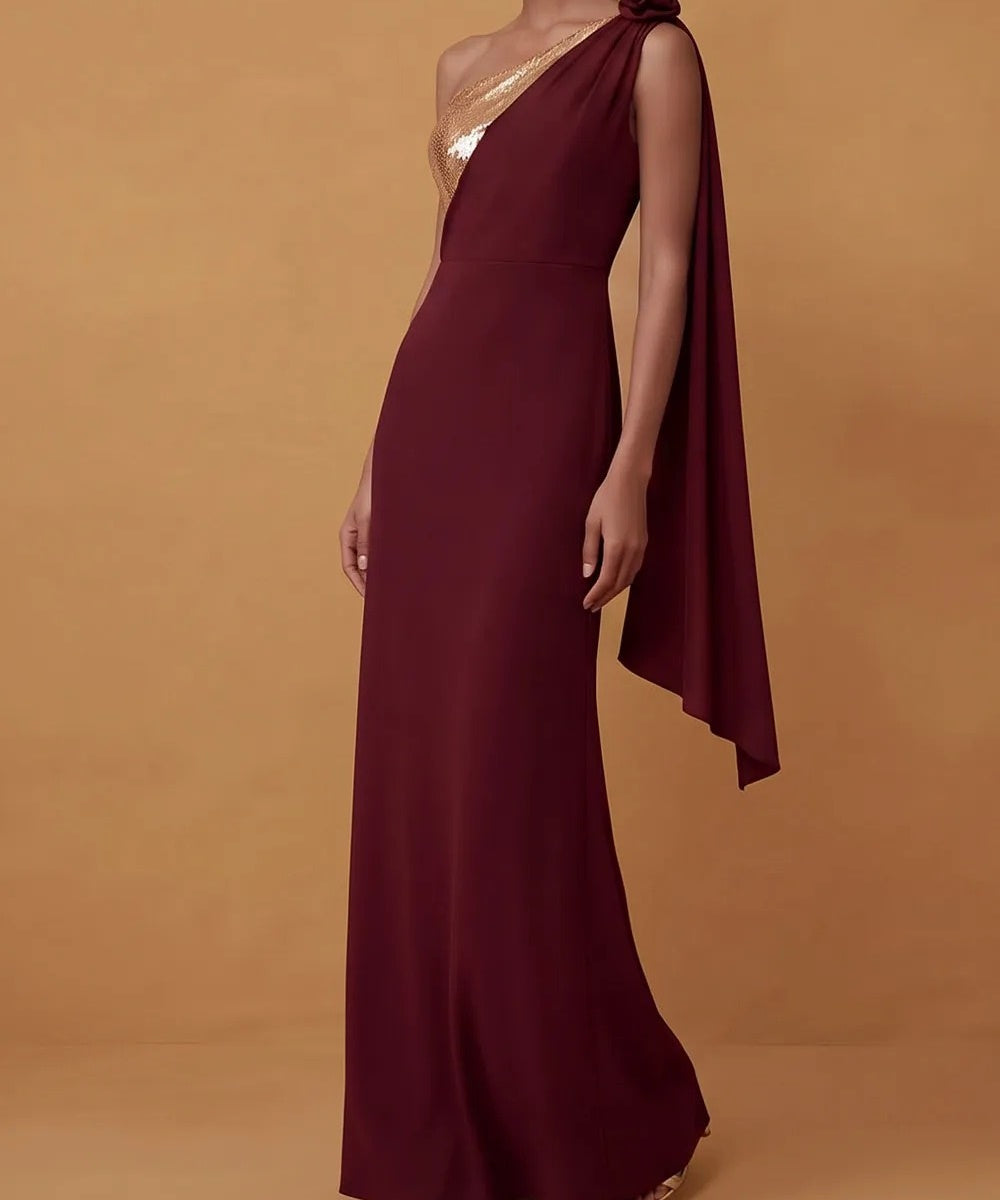 One Shoulder Gold Sequin Panel Stretch Crepe Maxi Formal Evening Dress