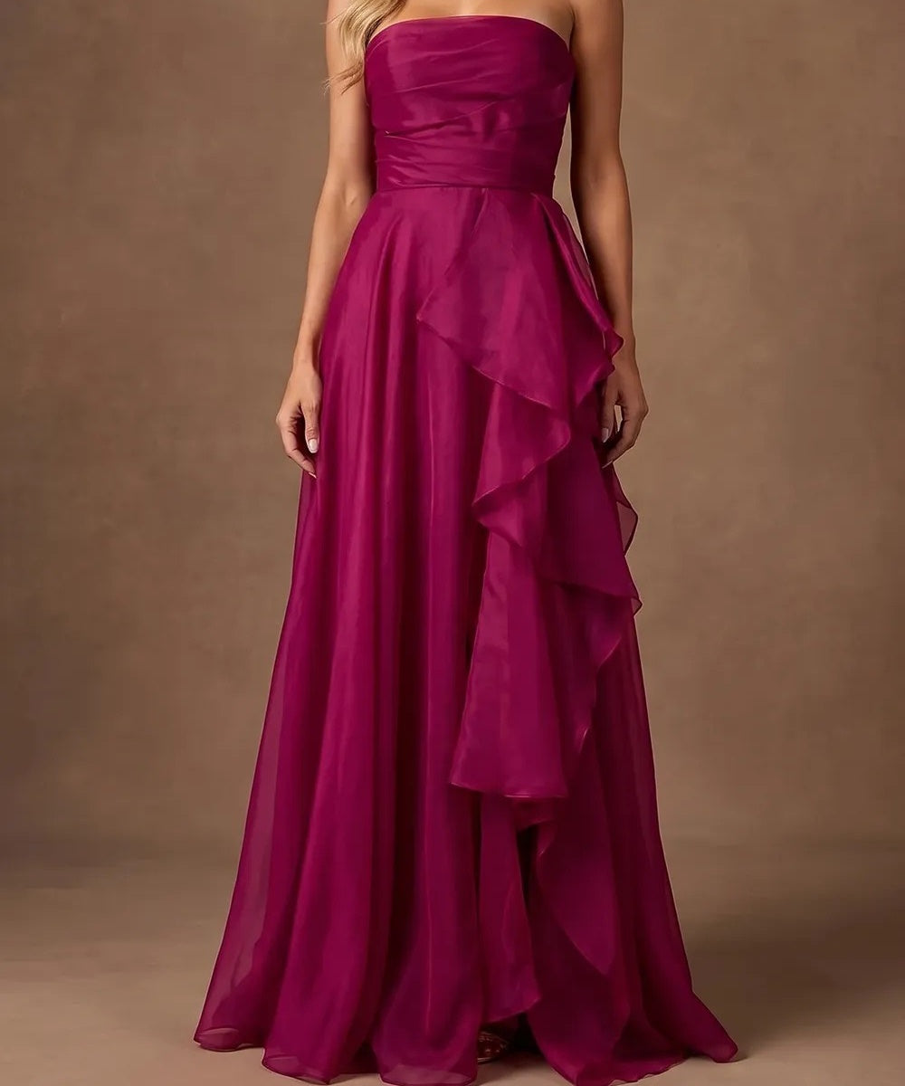 Strapless Ruched Chiffon Maxi Evening Gown with Cascading Ruffles & High Slit