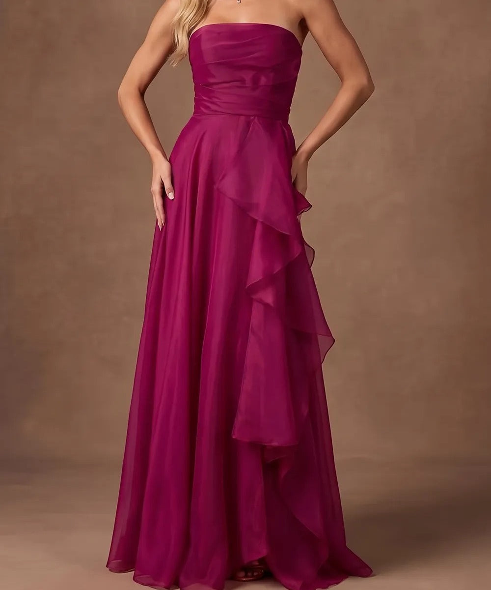 Strapless Ruched Chiffon Maxi Evening Gown with Cascading Ruffles & High Slit