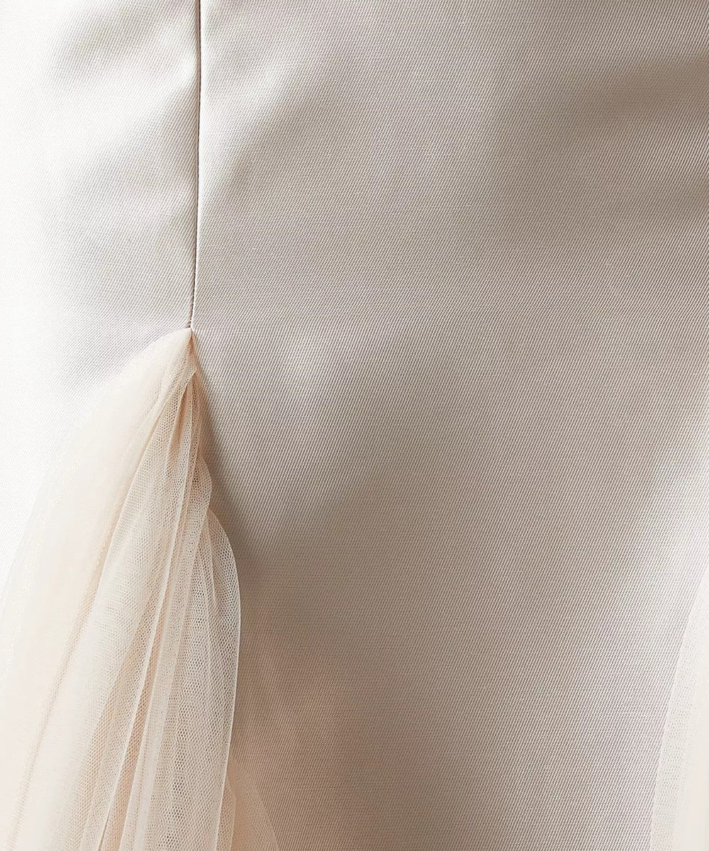 Champagne Off The Shoulder Satin Mermaid Gown With Tulle Flared Sleeves