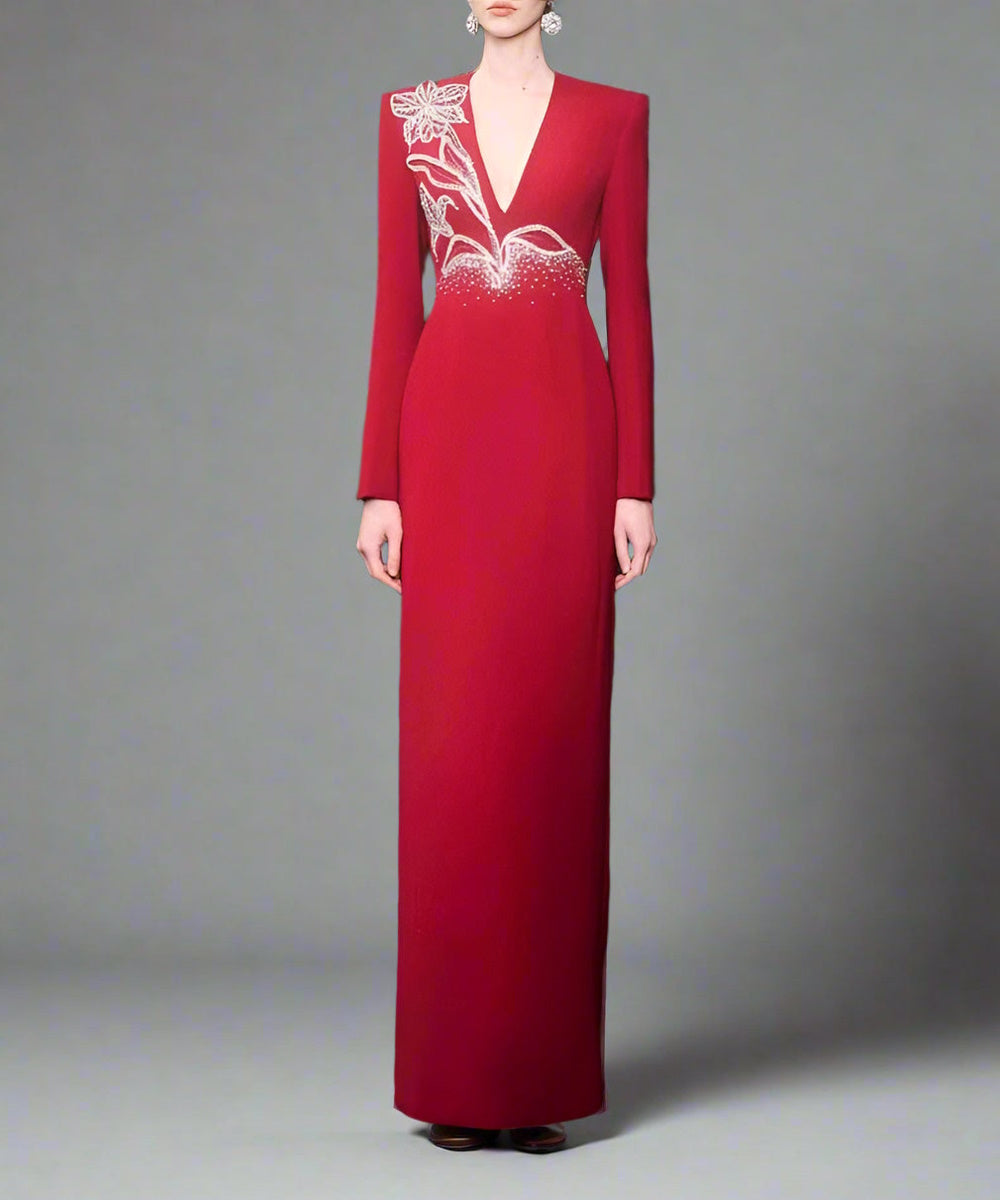 Red Long Sleeve Deep V Floral Crystal Embellished Column Maxi Evening Gown