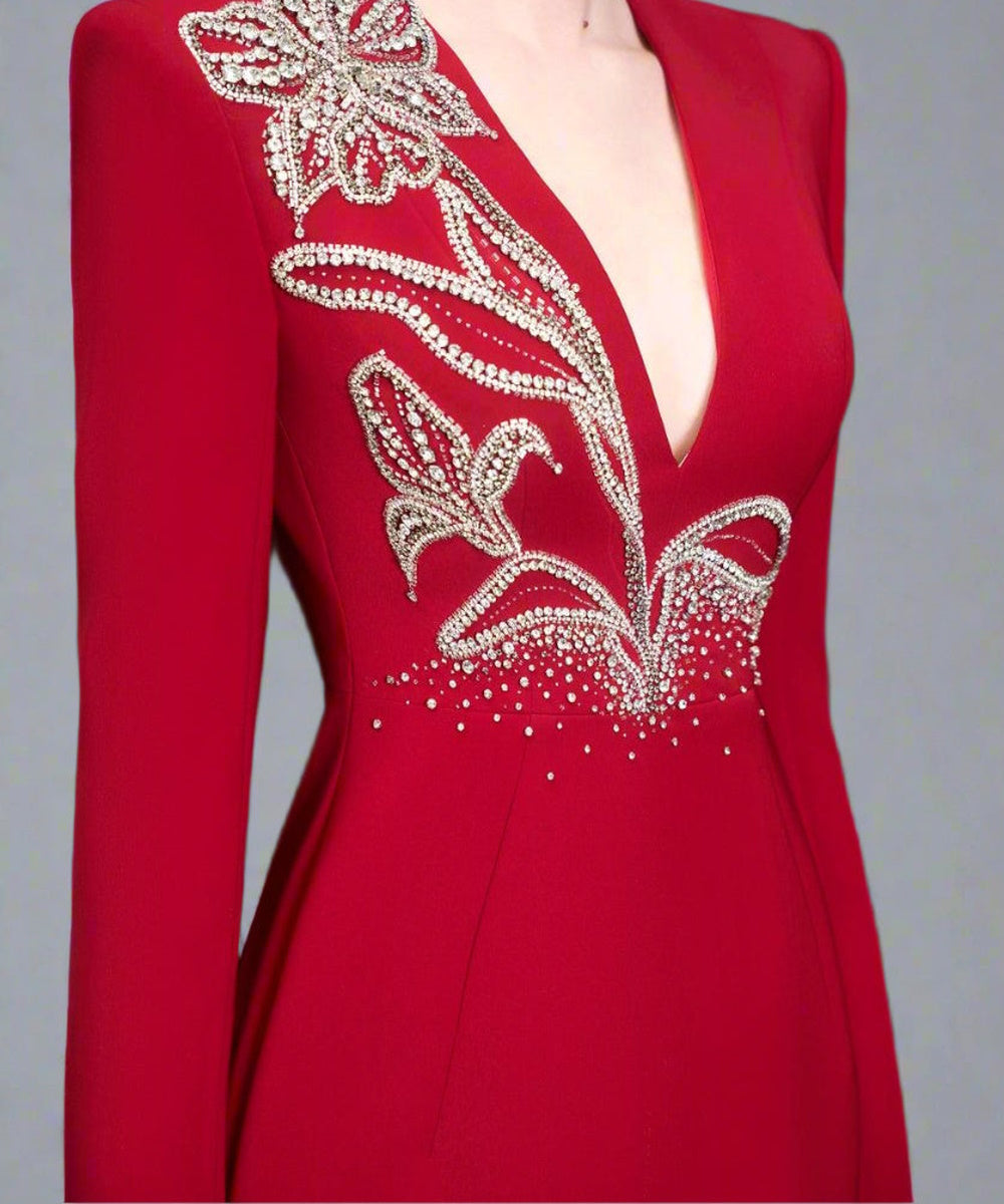 Red Long Sleeve Deep V Floral Crystal Embellished Column Maxi Evening Gown