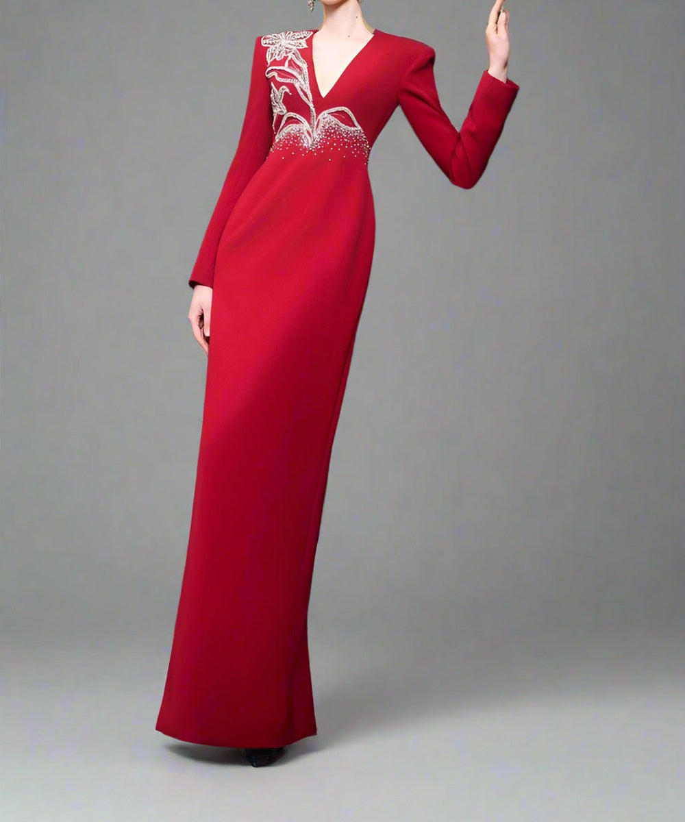 Red Long Sleeve Deep V Floral Crystal Embellished Column Maxi Evening Gown