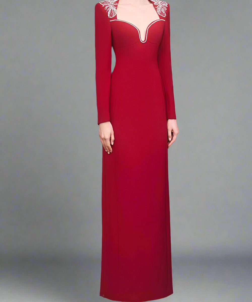 Red Butterfly Crystal Shoulder Sweetheart Cutout Long Sleeve Mermaid Evening Gown