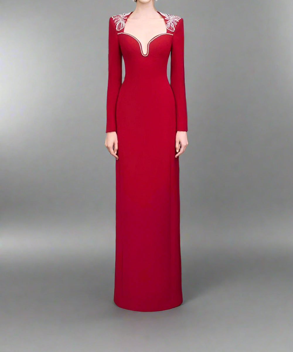 Red Butterfly Crystal Shoulder Sweetheart Cutout Long Sleeve Mermaid Evening Gown