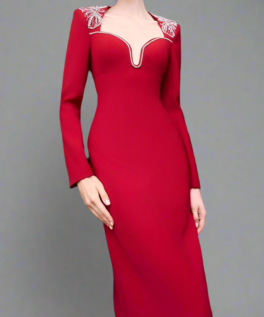 Red Butterfly Crystal Shoulder Sweetheart Cutout Long Sleeve Mermaid Evening Gown