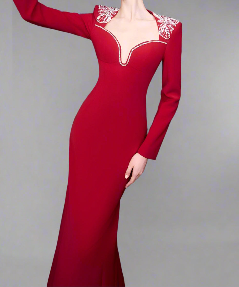 Red Butterfly Crystal Shoulder Sweetheart Cutout Long Sleeve Mermaid Evening Gown