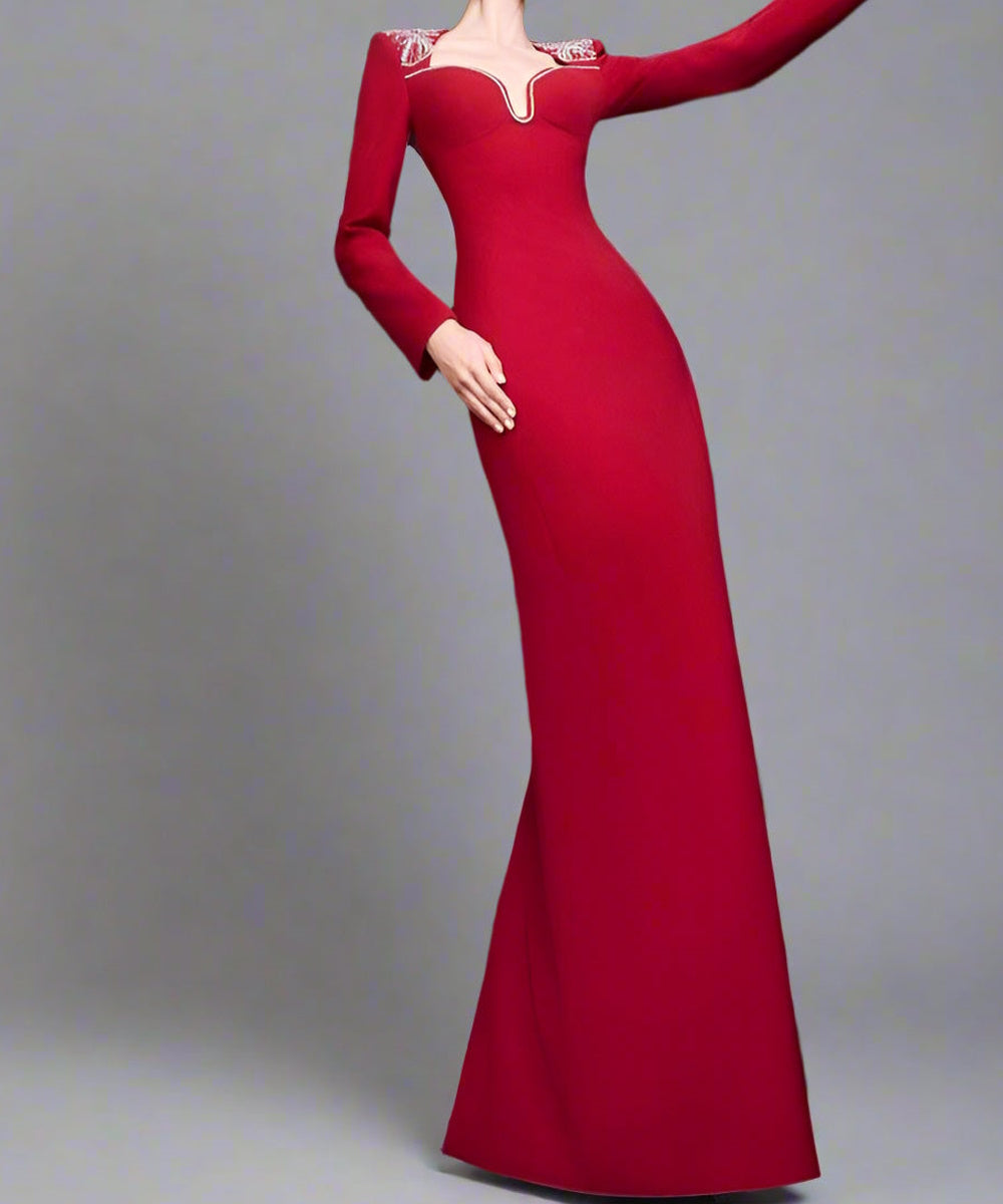 Red Butterfly Crystal Shoulder Sweetheart Cutout Long Sleeve Mermaid Evening Gown