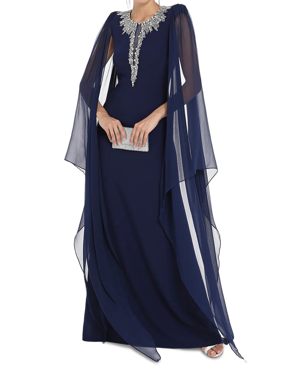Navy Crystal Embellished Keyhole Neck Chiffon Cape Sleeve Column Maxi Evening Gown