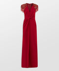 Red Deep V Cap Sleeve Beaded Fringe Shoulder Twist Waist High Slit Column Maxi Gown