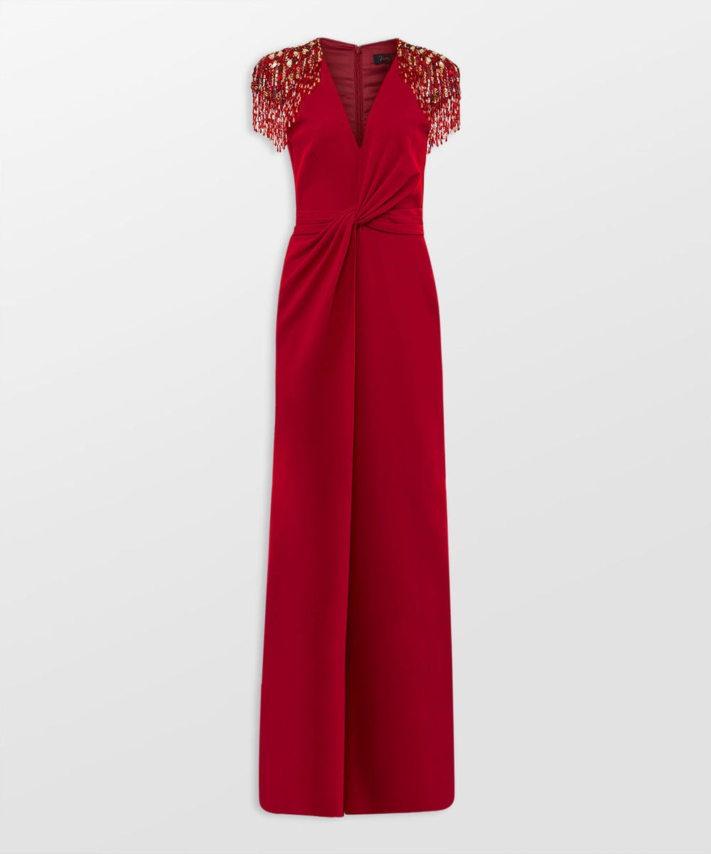 Red Deep V Cap Sleeve Beaded Fringe Shoulder Twist Waist High Slit Column Maxi Gown