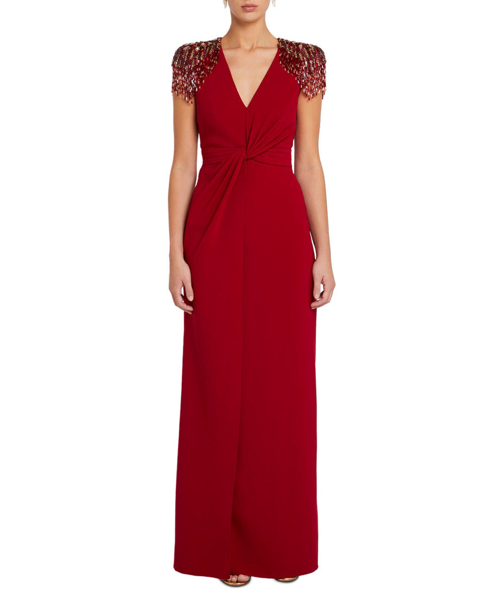 Red Deep V Cap Sleeve Beaded Fringe Shoulder Twist Waist High Slit Column Maxi Gown
