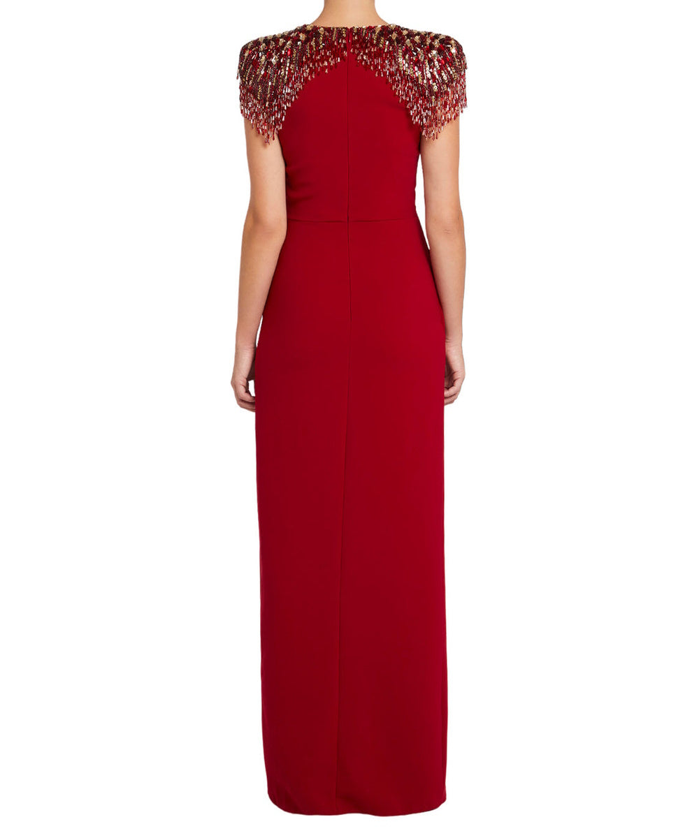 Red Deep V Cap Sleeve Beaded Fringe Shoulder Twist Waist High Slit Column Maxi Gown