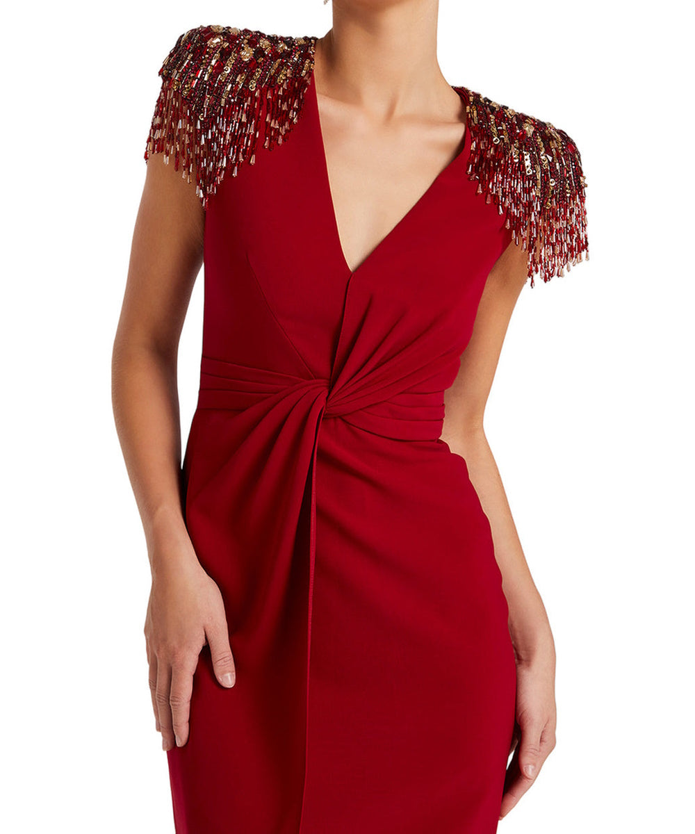 Red Deep V Cap Sleeve Beaded Fringe Shoulder Twist Waist High Slit Column Maxi Gown