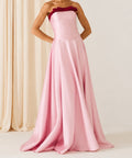 Strapless Pink Satin A-Line Evening Gown With Contrast Red Bow