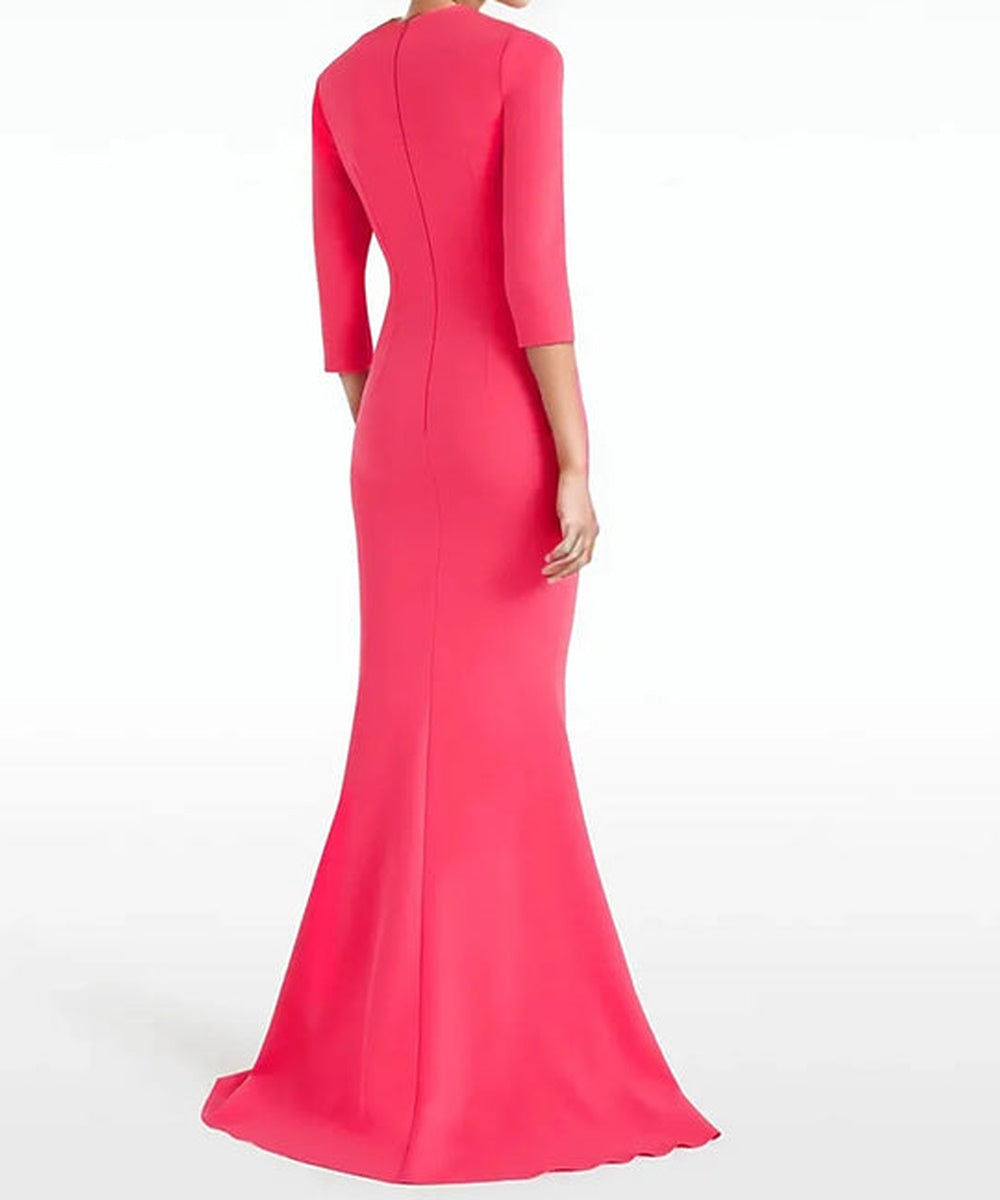 Hot Pink Asymmetric Wrap Neck 3/4 Sleeve Mermaid Train Evening Gown
