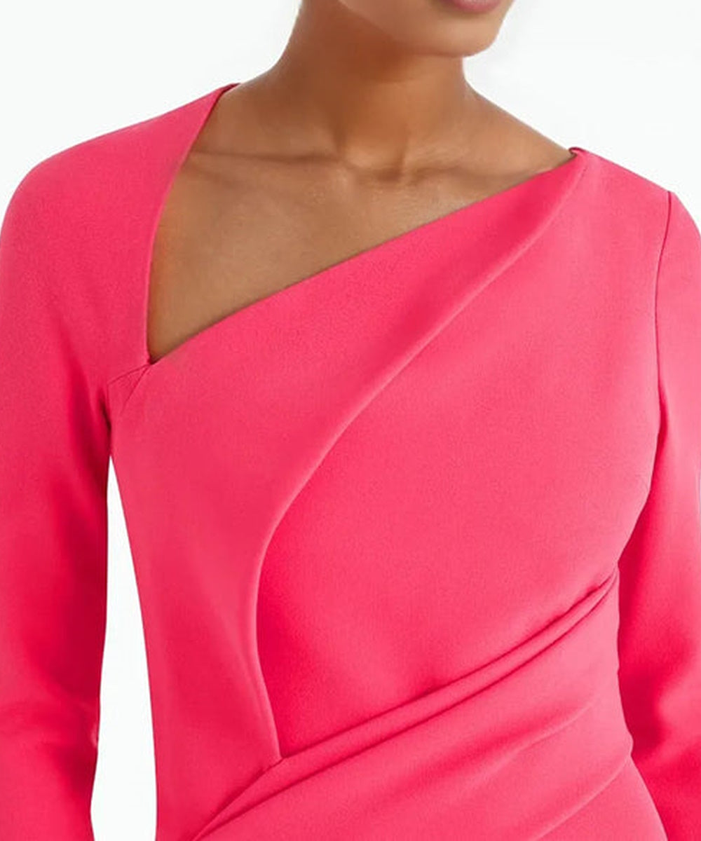 Hot Pink Asymmetric Wrap Neck 3/4 Sleeve Mermaid Train Evening Gown