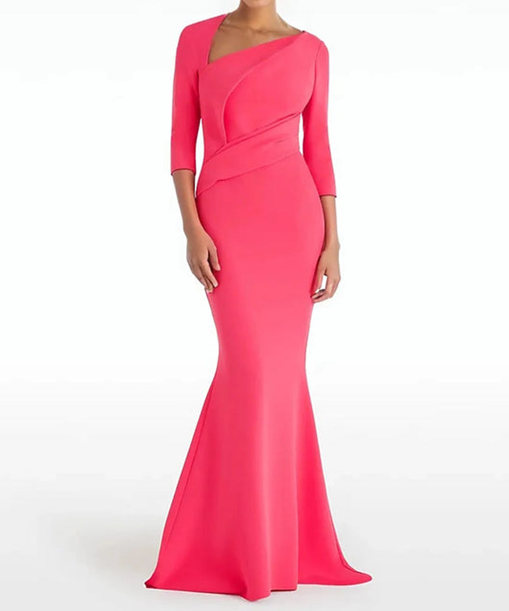 Hot Pink Asymmetric Wrap Neck 3/4 Sleeve Mermaid Train Evening Gown