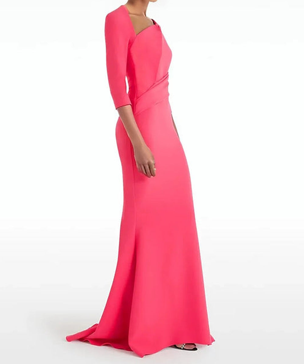 Hot Pink Asymmetric Wrap Neck 3/4 Sleeve Mermaid Train Evening Gown