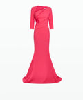 Hot Pink Asymmetric Wrap Neck 3/4 Sleeve Mermaid Train Evening Gown