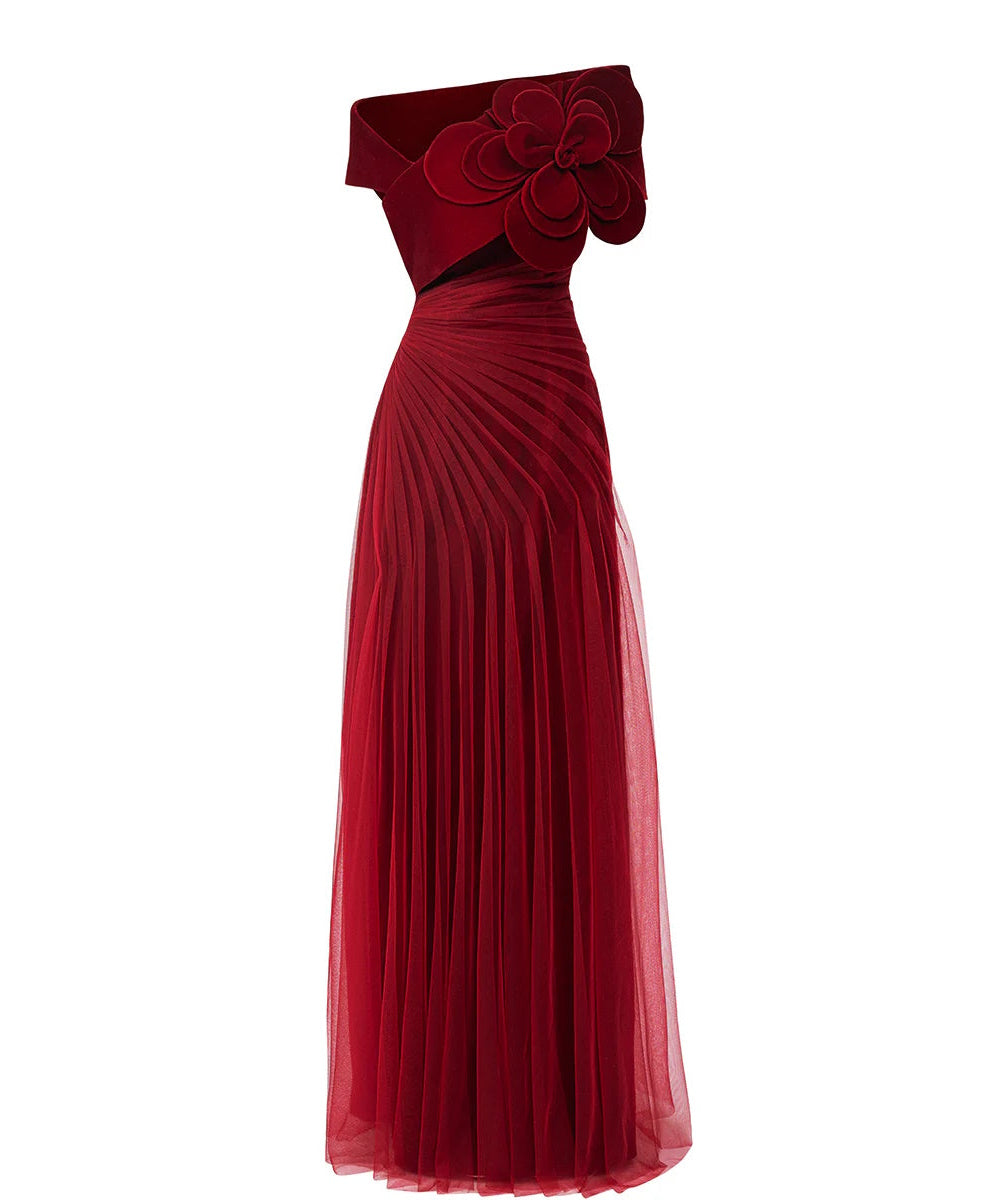 Burgundy Off Shoulder Velvet 3D Flower Draped Tulle Maxi Evening Gown