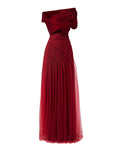 Burgundy Off Shoulder Velvet 3D Flower Draped Tulle Maxi Evening Gown