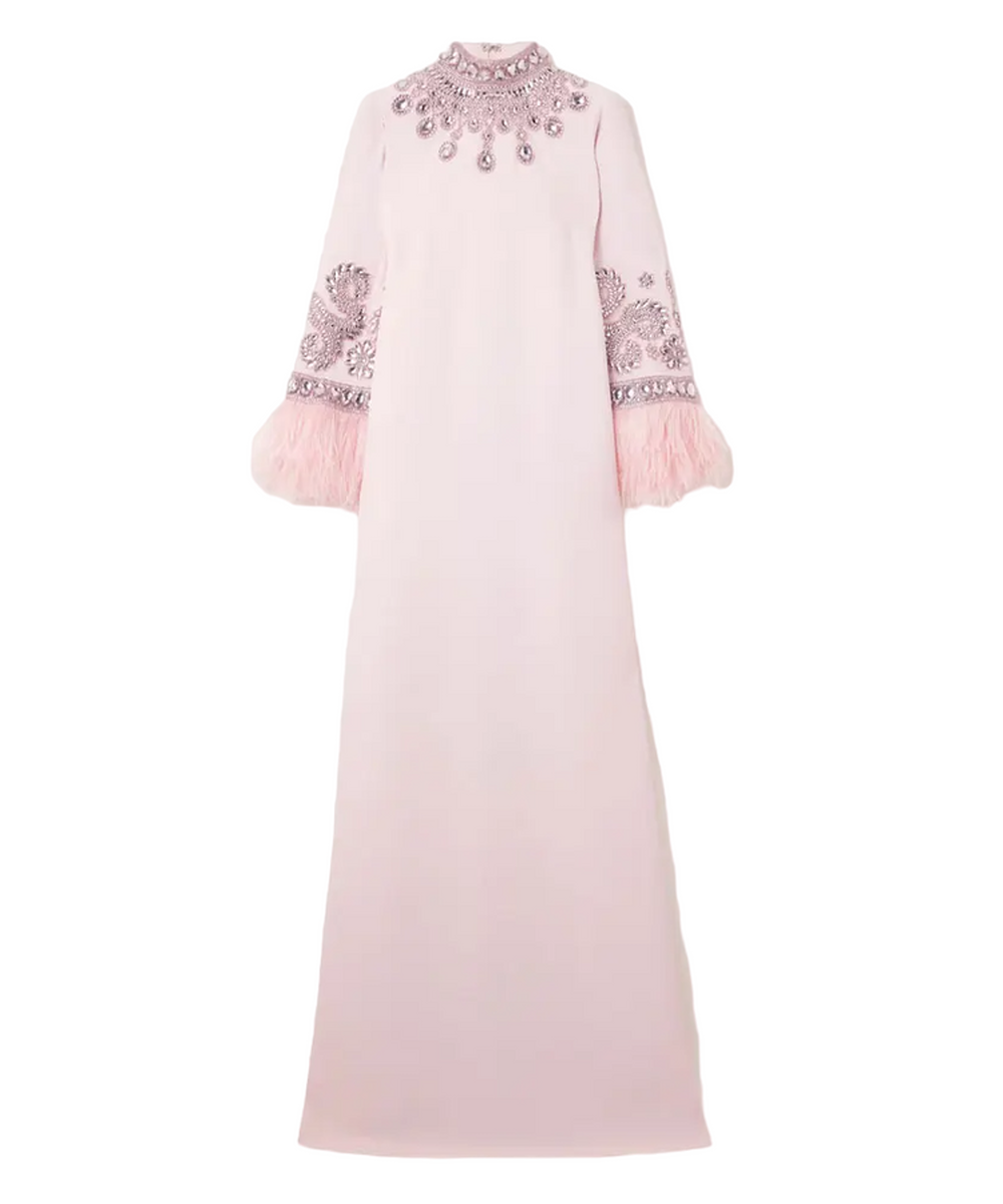 Dusty Pink High Neck Crystal Embellished Flared Feather Cuff Long Maxi Abaya Gown