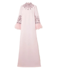 Dusty Pink High Neck Crystal Embellished Flared Feather Cuff Long Maxi Abaya Gown