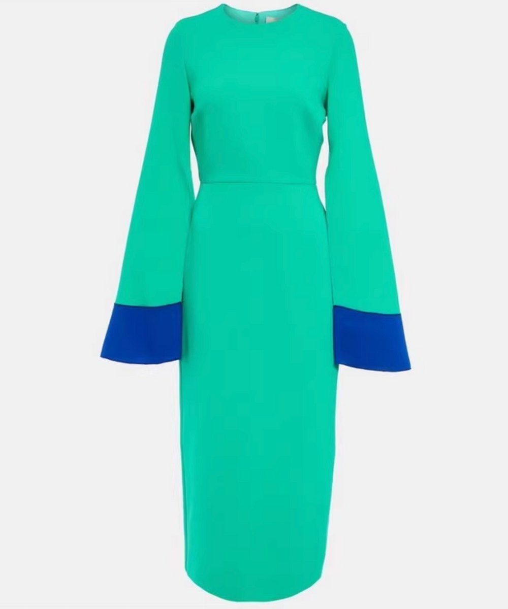 Emerald Round Neck Color Block Flare Sleeve Midi Sheath Dress