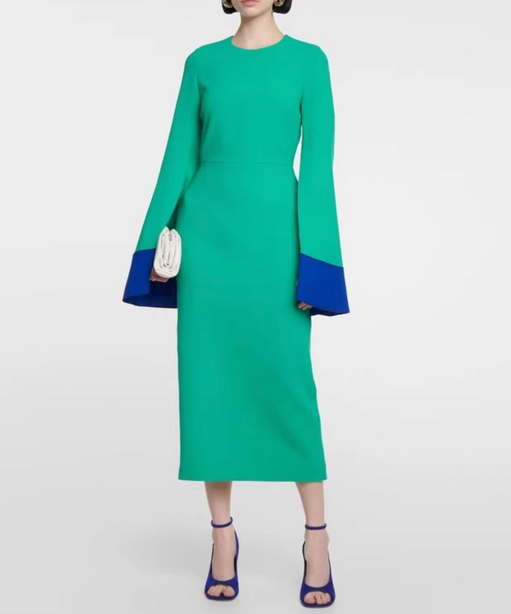 Emerald Round Neck Color Block Flare Sleeve Midi Sheath Dress