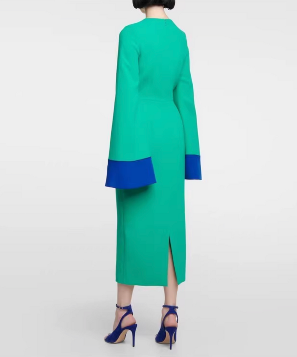 Emerald Round Neck Color Block Flare Sleeve Midi Sheath Dress